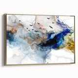 Framed canvas artwork showcasing an abstract design with gold strokes and lines, adding a modern touch to interior decor.