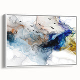 Framed wall art showcasing an abstract design of colorful strokes and lines on a white canvas, emphasizing modern aesthetics and elegance.