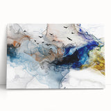 Abstract wall art featuring vibrant strokes and lines in shades of blue, orange, and gold, printed on stretched canvas, perfect for modern decor.