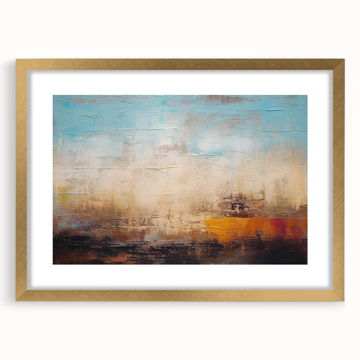 Abstract wall art featuring dynamic strokes and lines in a gold-framed design, perfect for modern decor and artistic expression.