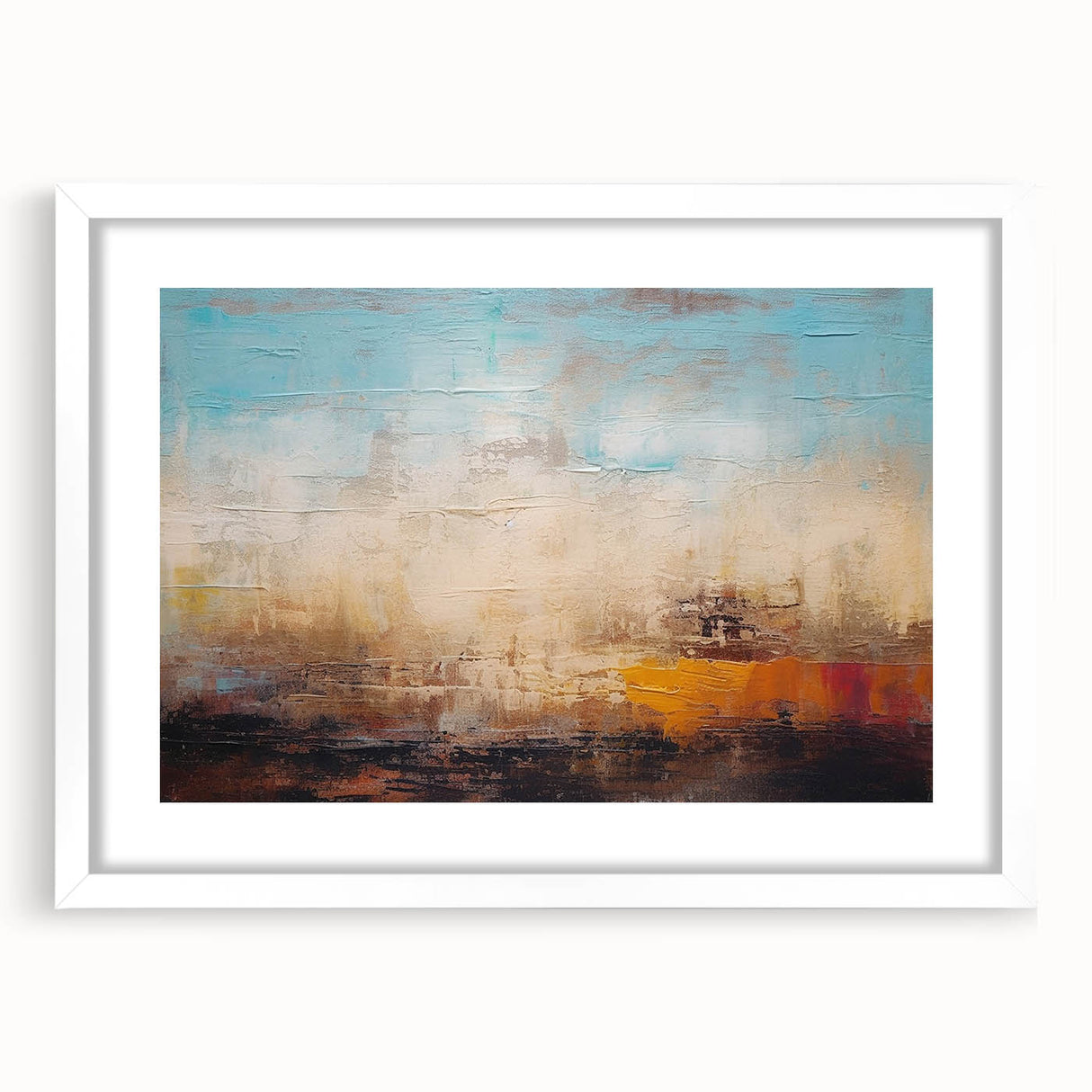 Framed abstract wall art showcasing colorful strokes and lines in a modern design, featuring a white mat and sleek frame. Perfect for contemporary decor.