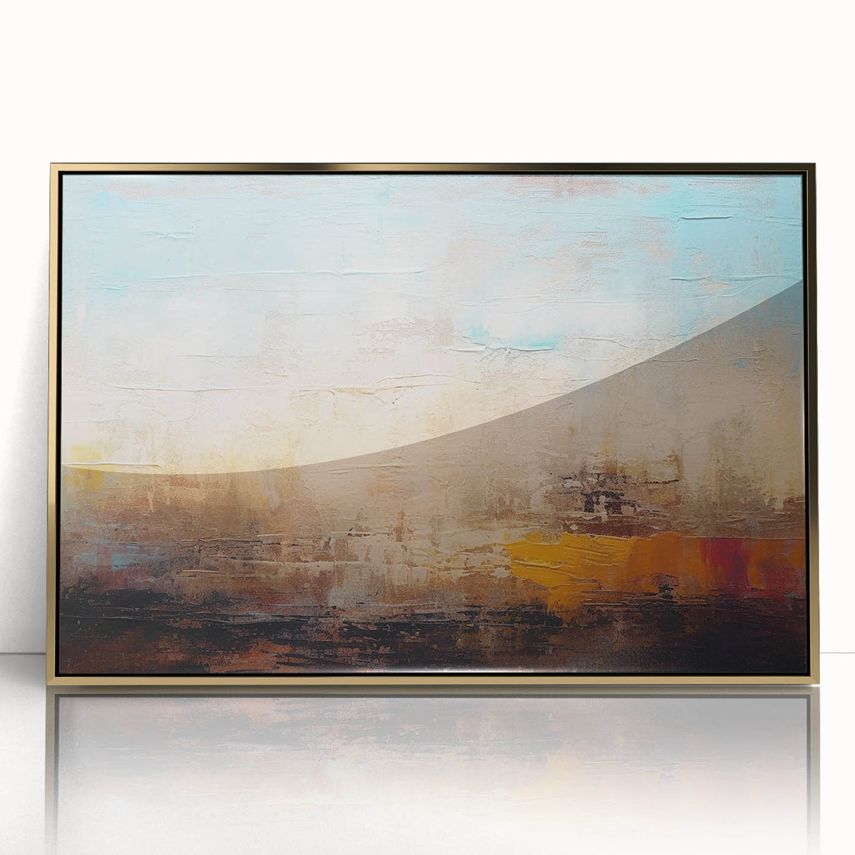 Framed abstract wall art featuring gold and black strokes and lines, adding a modern touch to home decor with a sleek design and glossy finish.