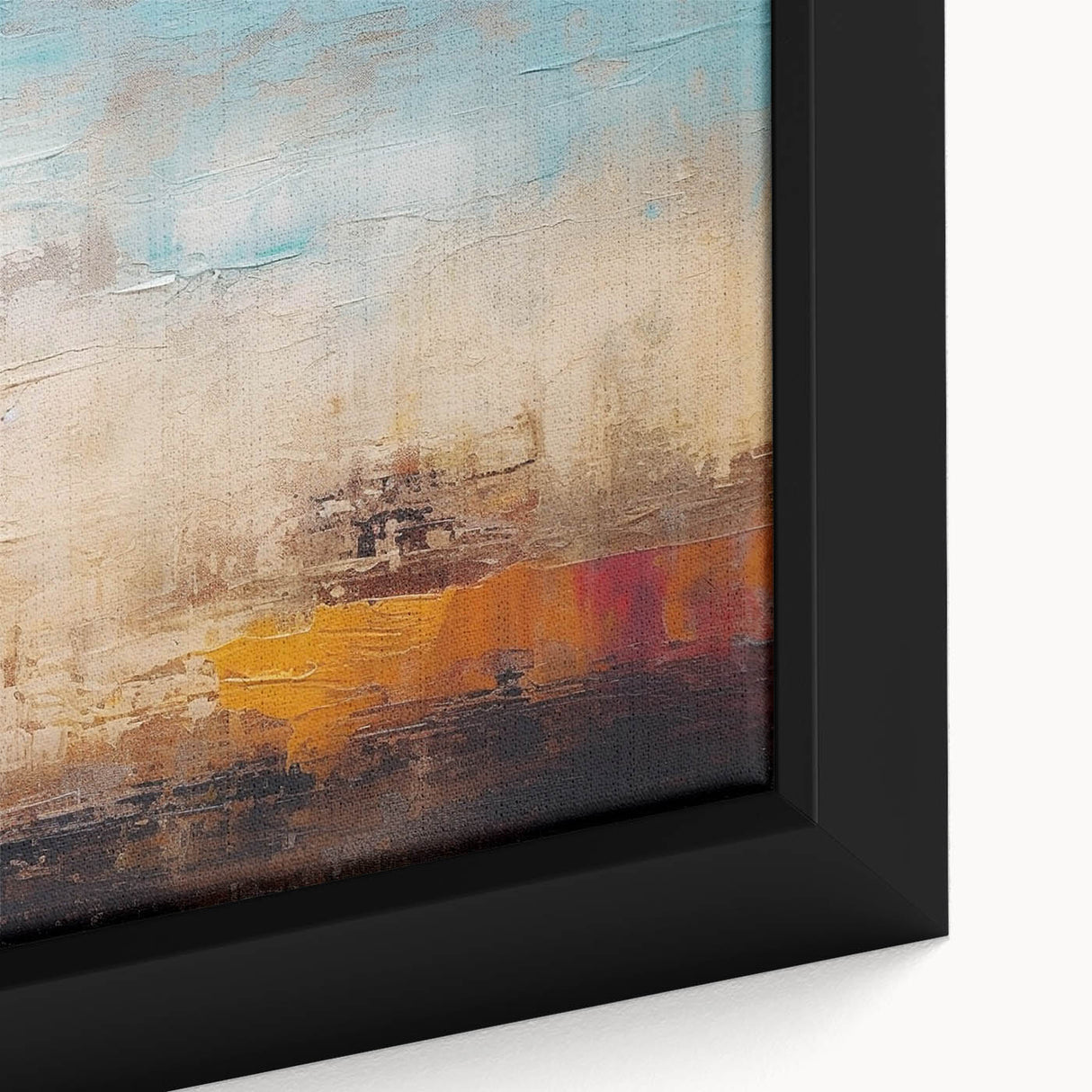 Close-up of an abstract canvas wall art piece showcasing vibrant strokes and lines in shades of blue, orange, and green, ideal for modern decor.