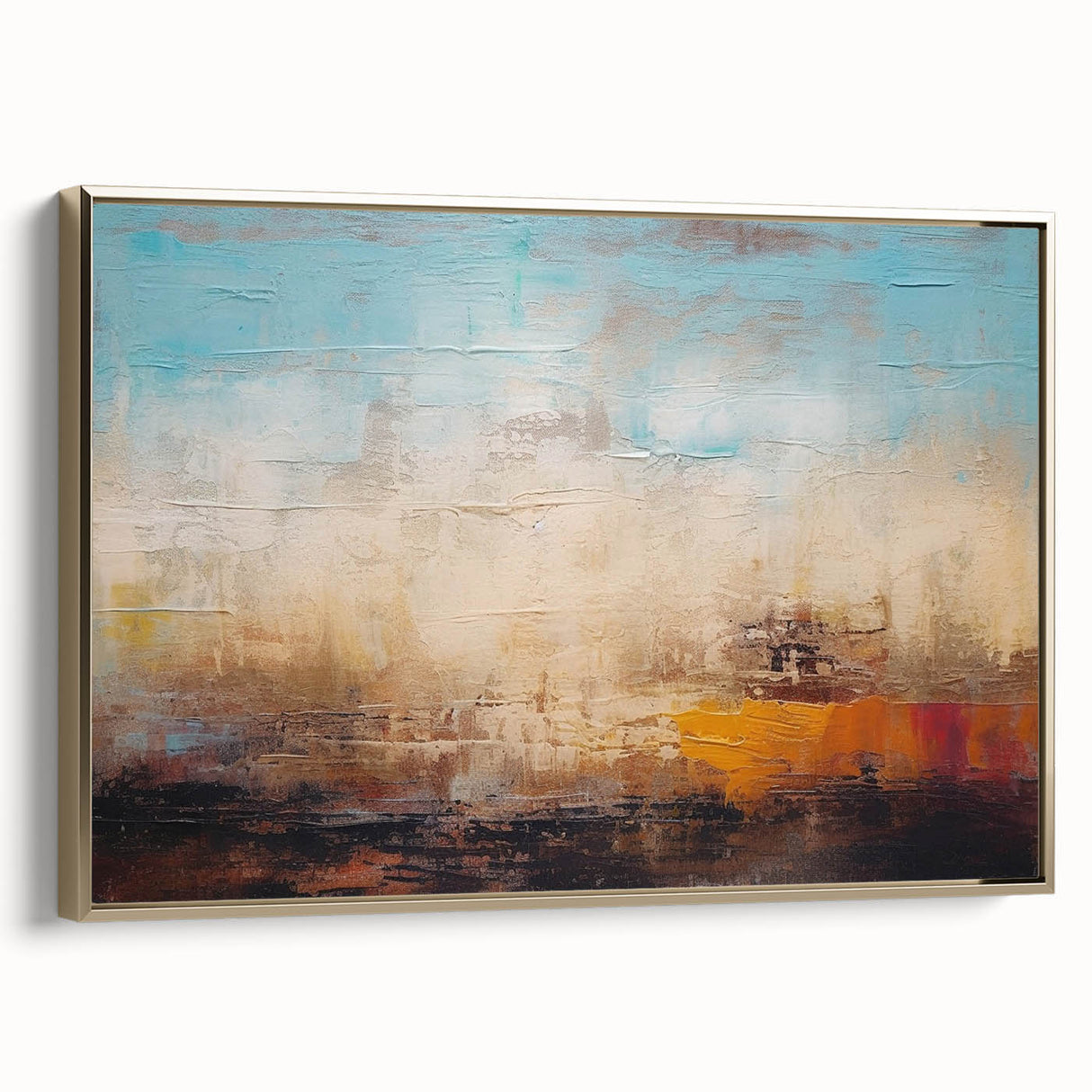 Framed canvas wall art showcasing an abstract design with gold strokes and lines, adding elegance to modern home decor.