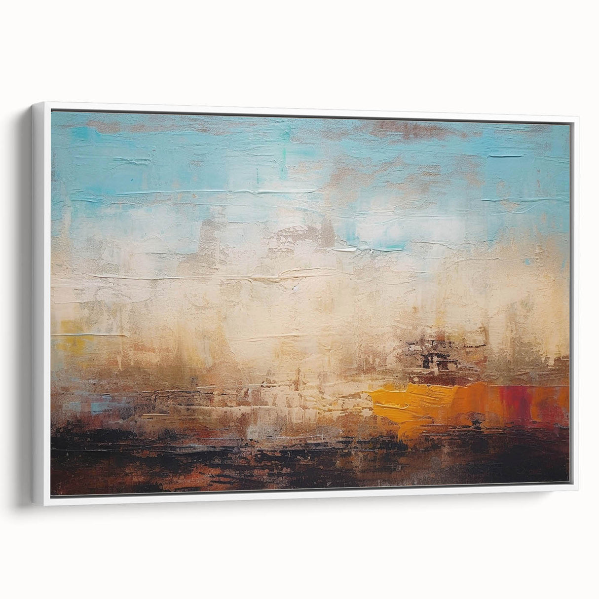 Framed abstract wall art featuring colorful strokes and lines on a textured canvas, set against a white background for a modern decor style.