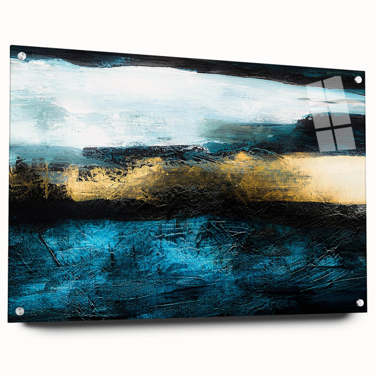 Acrylic glass wall art featuring an abstract design with vibrant strokes and lines in shades of blue, pink, and gold, displayed with pins.