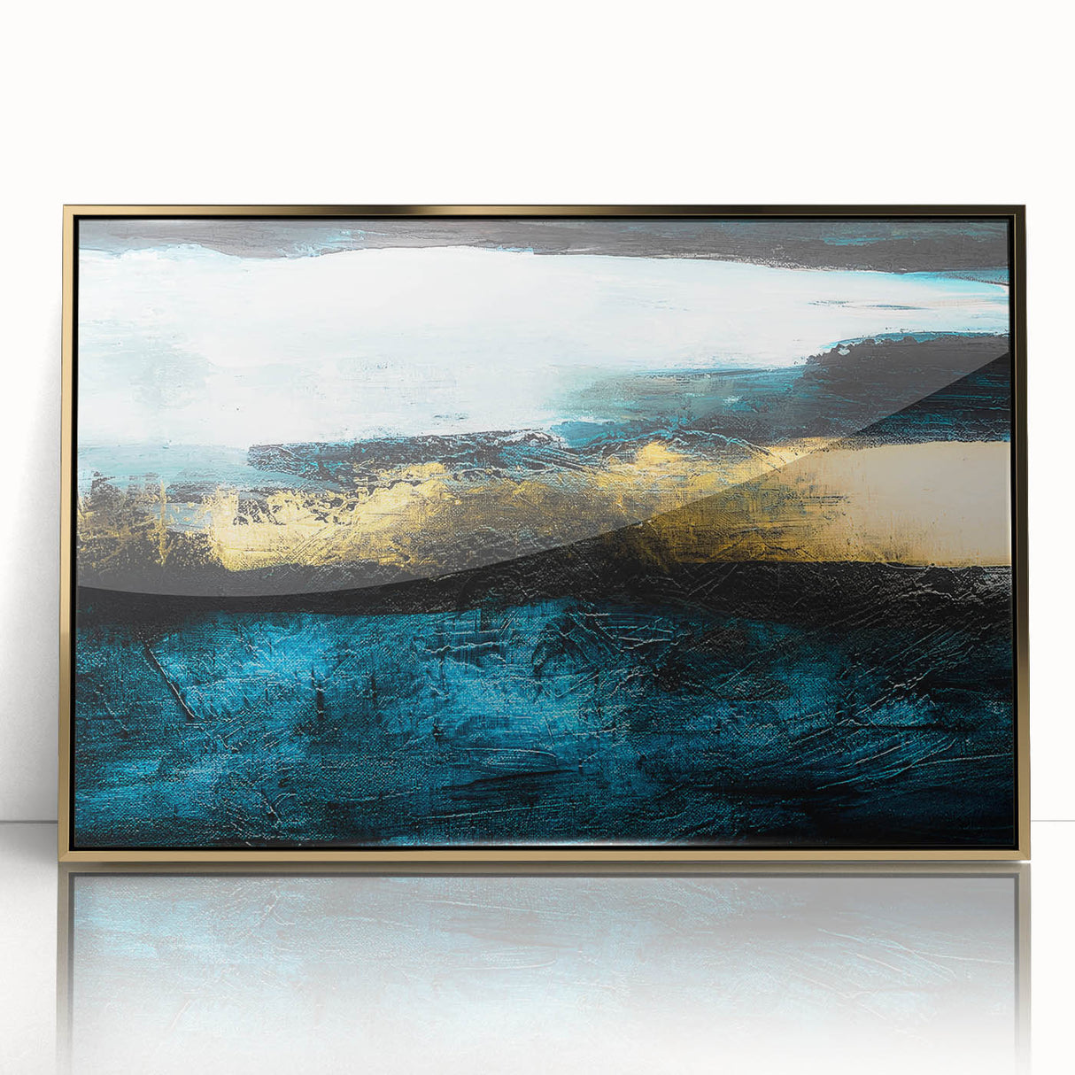 Framed abstract wall art showcasing dynamic strokes and lines in shades of gold and black, perfect for modern home decor.