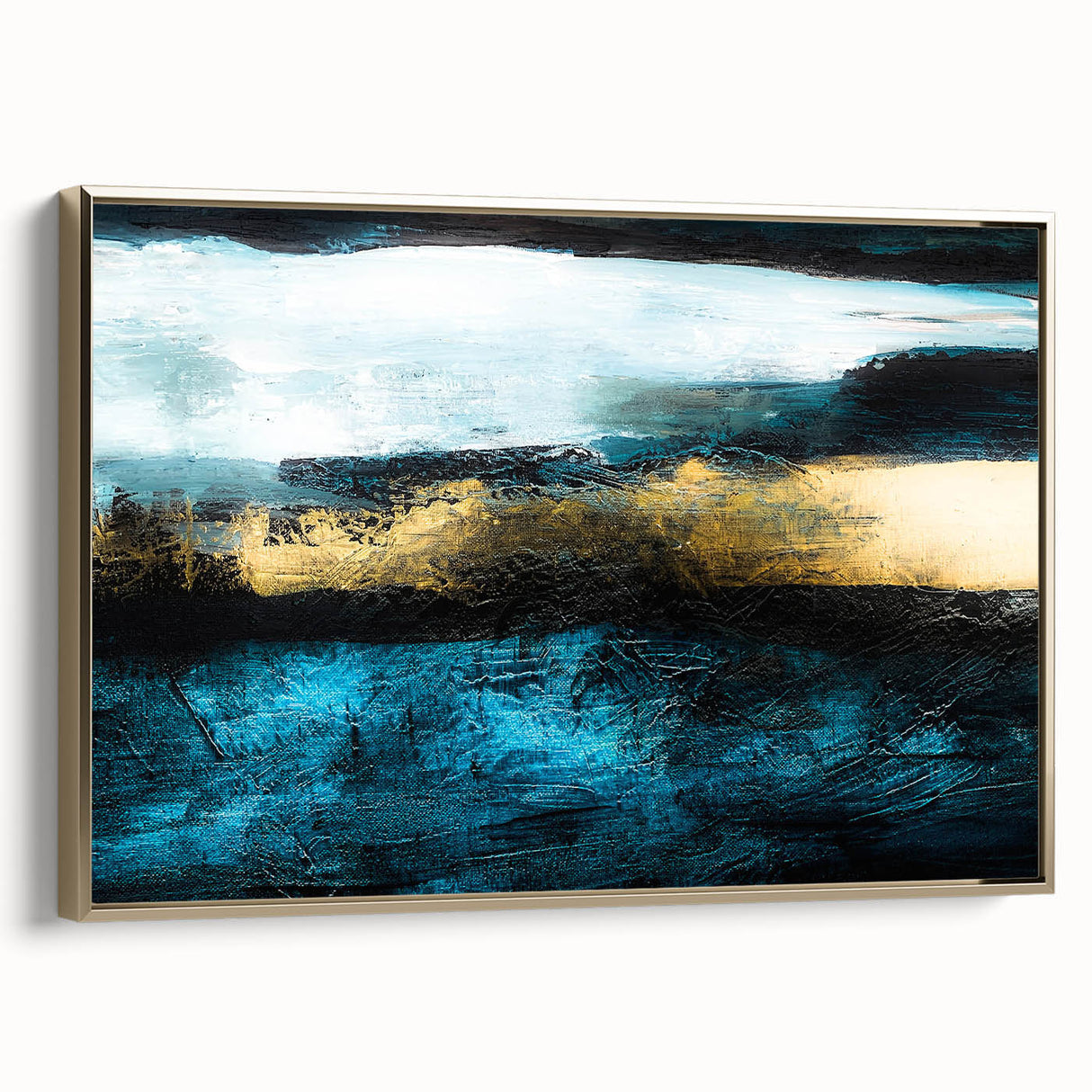 Framed canvas wall art showcasing an abstract design with gold strokes and lines, adding elegance to modern decor.