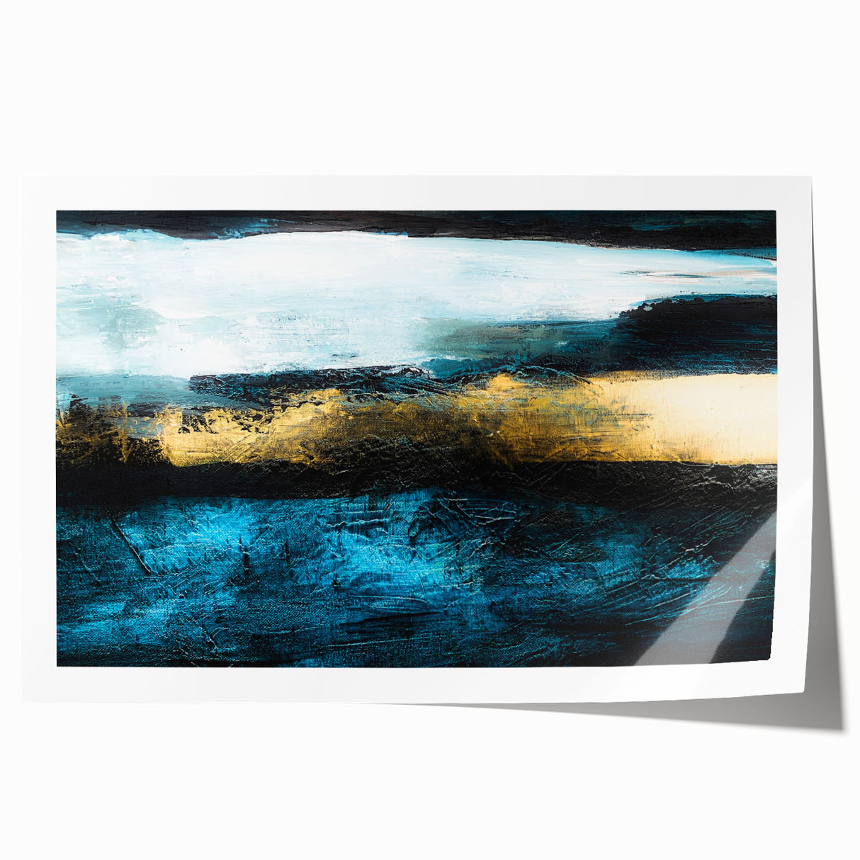 Abstract wall art print showcasing vibrant strokes and lines in shades of blue, orange, and yellow, perfect for modern home decor.