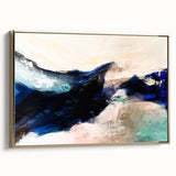 Framed abstract wall art displaying dynamic strokes and lines in gold and neutral tones, perfect for modern home decor.