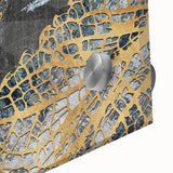 Close-up of an abstract wall art design showcasing vibrant strokes and lines in blue, orange, and yellow, perfect for modern home decor.