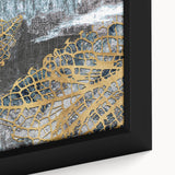 Abstract wall art featuring bold strokes and lines in vibrant colors, framed for display; perfect for modern home decor. Ideal for art enthusiasts seeking unique design elements.
