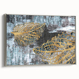 Framed canvas art piece showcasing an abstract design with dynamic strokes and lines in silver tones, ideal for contemporary home decor.