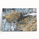 Abstract wall art featuring vibrant strokes and lines in shades of blue, orange, and yellow, displayed on a stretched canvas, leaning against a wall, perfect for modern decor.