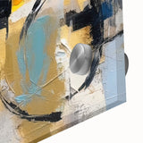 Close-up of an abstract wall art piece showcasing colorful strokes and lines on acrylic glass, perfect for modern home decor.