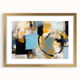 Abstract wall art featuring bold strokes and lines in a gold frame, showcasing modern design elements with a sophisticated mat finish.