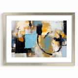 Framed abstract wall art featuring colorful strokes and lines in a modern design, set in a silver frame with a mat for a polished look.