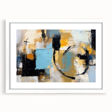 Abstract wall art featuring vibrant strokes and lines in a modern design, framed in white with a mat, perfect for contemporary decor.