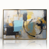 Framed wall art piece showcasing an abstract design with dynamic gold strokes and lines on a sleek acrylic surface, perfect for modern decor.