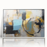 Framed abstract wall art with bold strokes and lines in vibrant colors, featuring a modern design in a sleek white frame, perfect for contemporary decor.