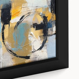 Close-up of an abstract strokes and lines design in vibrant colors on framed canvas art, showcasing intricate details and textures.