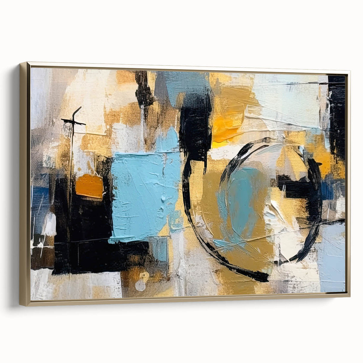 Framed canvas wall art showcasing an abstract design with gold strokes and lines, elegantly displayed from a side view, perfect for modern decor.