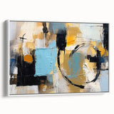Framed abstract wall art featuring vibrant strokes and lines in a modern design, showcased against a white background for contemporary decor.