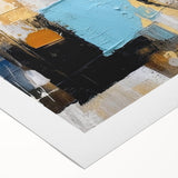 Abstract canvas art featuring vibrant strokes and lines in shades of blue, orange, and yellow, perfect for modern home decor or office spaces.