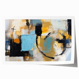 Abstract wall art print showcasing vibrant strokes and lines in a mix of blue, orange, and yellow hues, ideal for modern home decor.
