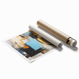 Abstract wall art print showcasing vibrant strokes and lines in shades of blue, orange, and yellow, ideal for modern home decor.