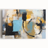 Abstract wall art print showcasing vibrant strokes and lines in shades of blue, pink, and gold on stretched canvas, perfect for modern decor.