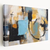 Abstract strokes and lines design on stretched canvas wall art, showcasing vibrant colors and dynamic shapes in a modern side view display.