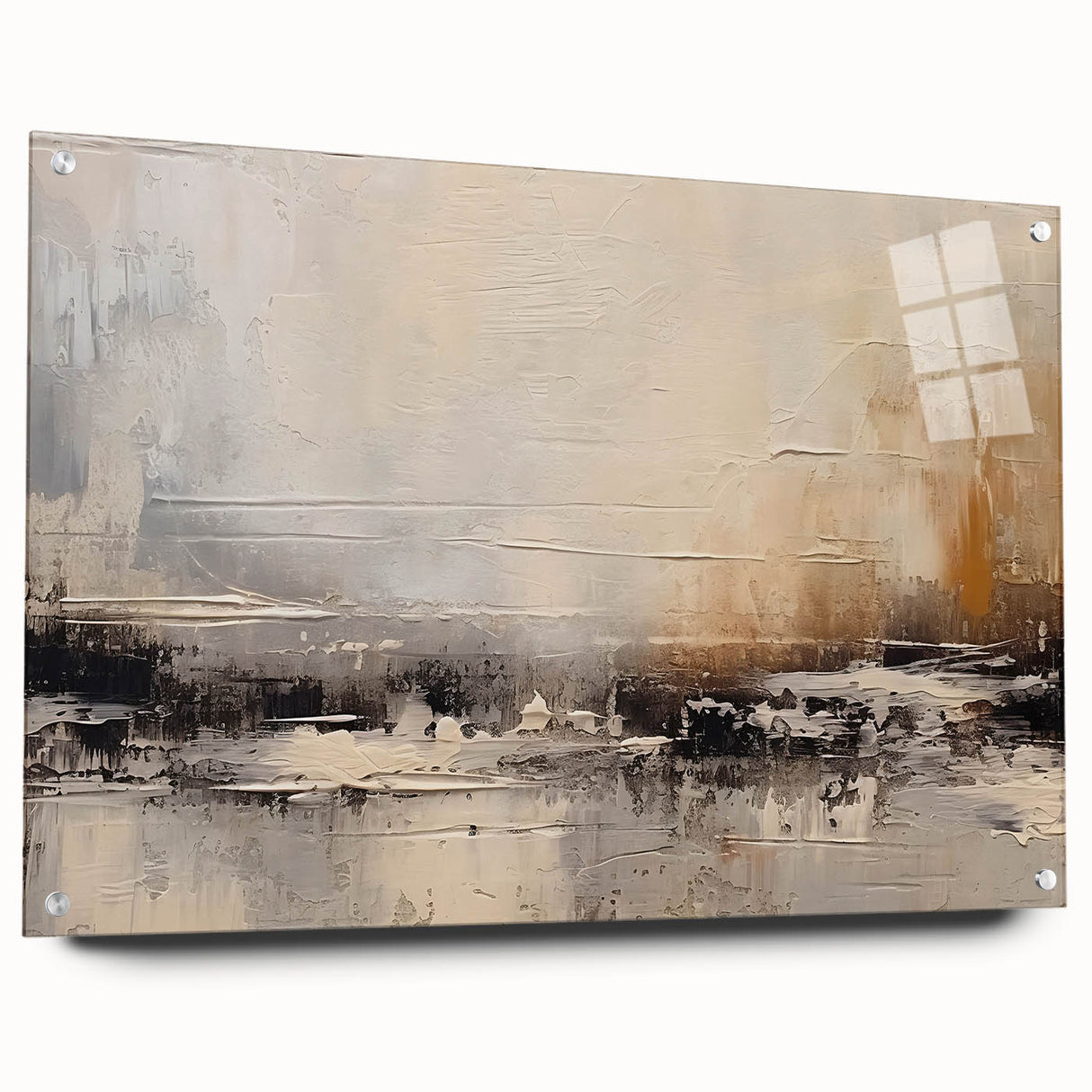 Abstract strokes and lines design wall art collection in acrylic glass, showcasing vibrant colors and modern aesthetics, displayed with pins.