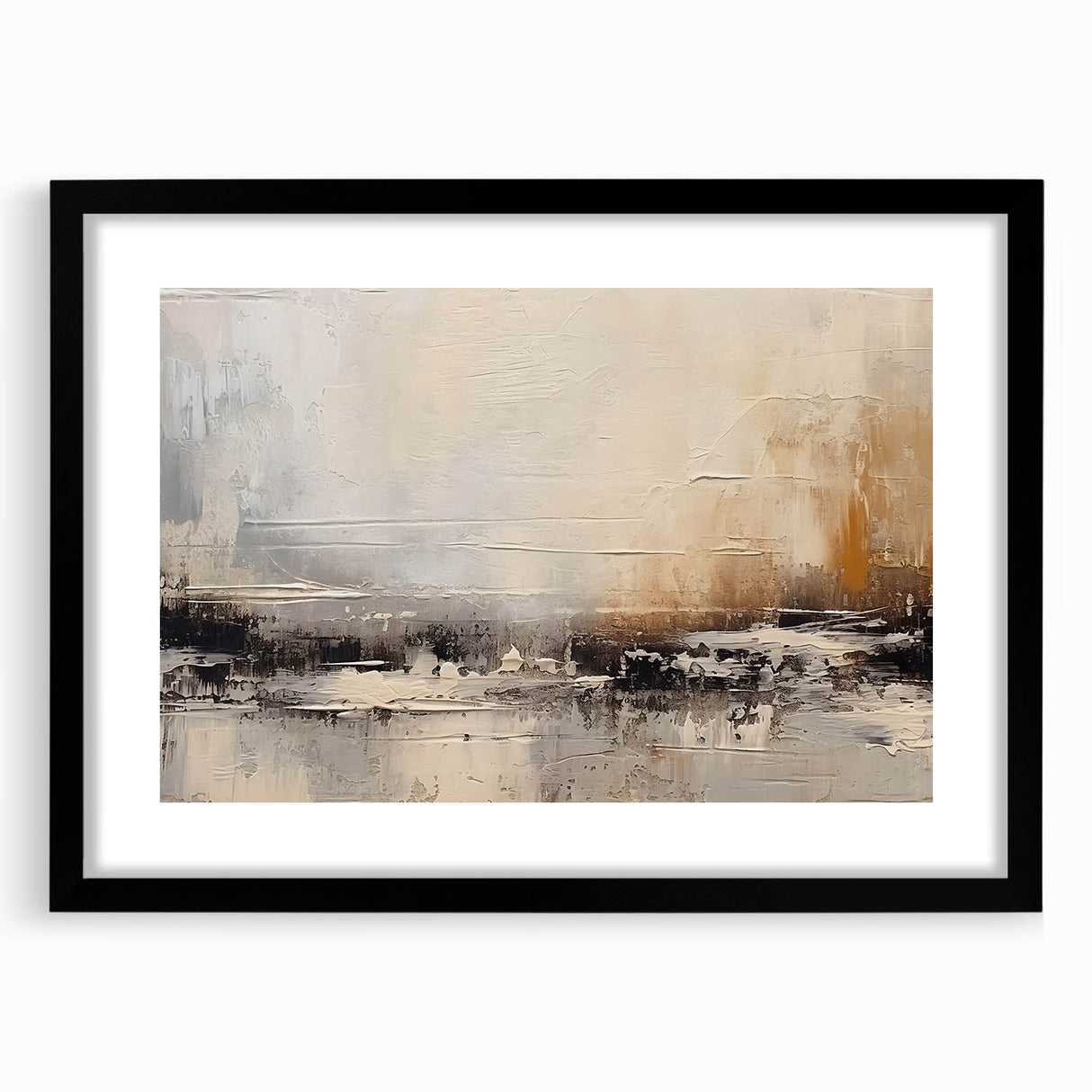 Framed abstract wall art featuring colorful strokes and lines in a modern design, set against a sleek black mat, ideal for contemporary decor.