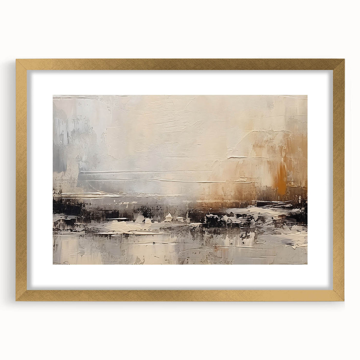 Abstract wall art design showcasing an array of colorful strokes and lines in a sleek gold frame with a mat, perfect for modern decor.