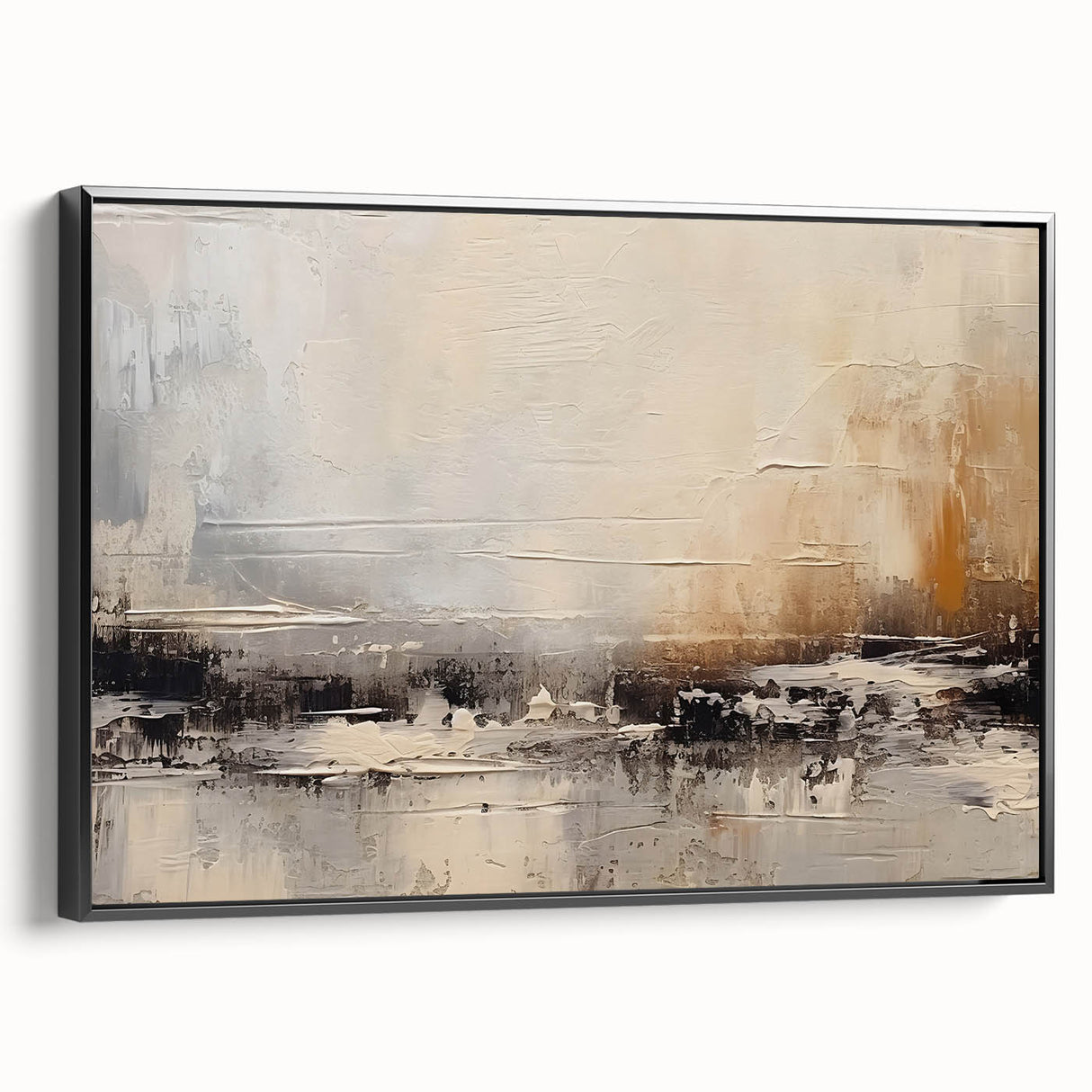 Framed canvas wall art showcasing abstract strokes and lines in a modern design, featuring black tones with a sleek side view for contemporary decor.
