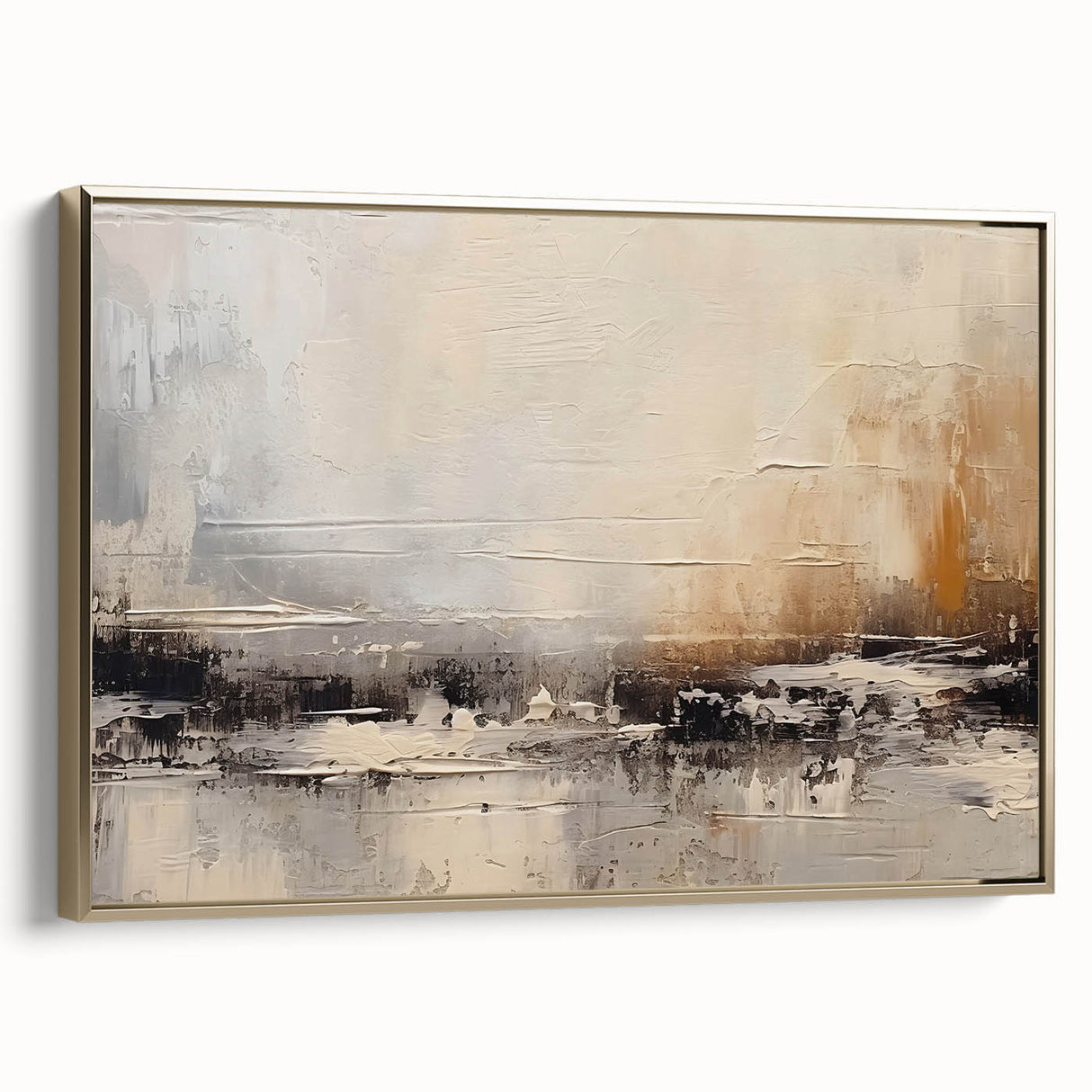 Framed wall art showcasing an abstract design of gold strokes and lines on a canvas, adding elegance to modern interiors.