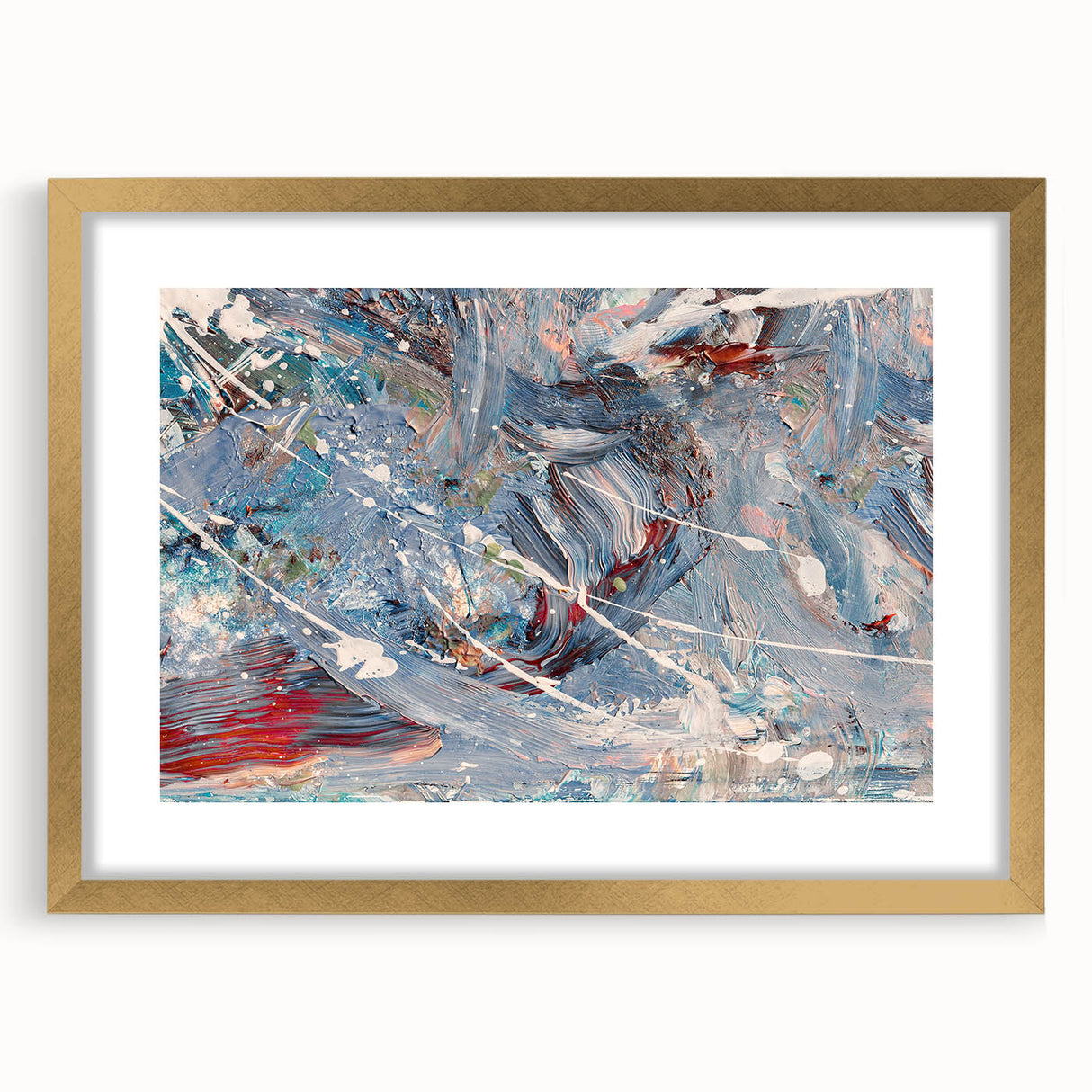 Abstract strokes and lines in a modern wall art design, framed with a gold finish, showcasing vibrant colors and artistic flair for home decor.