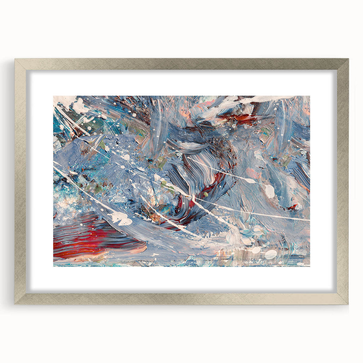 Framed wall art featuring an abstract design of colorful strokes and lines in a silver frame, ideal for modern home decor accents.