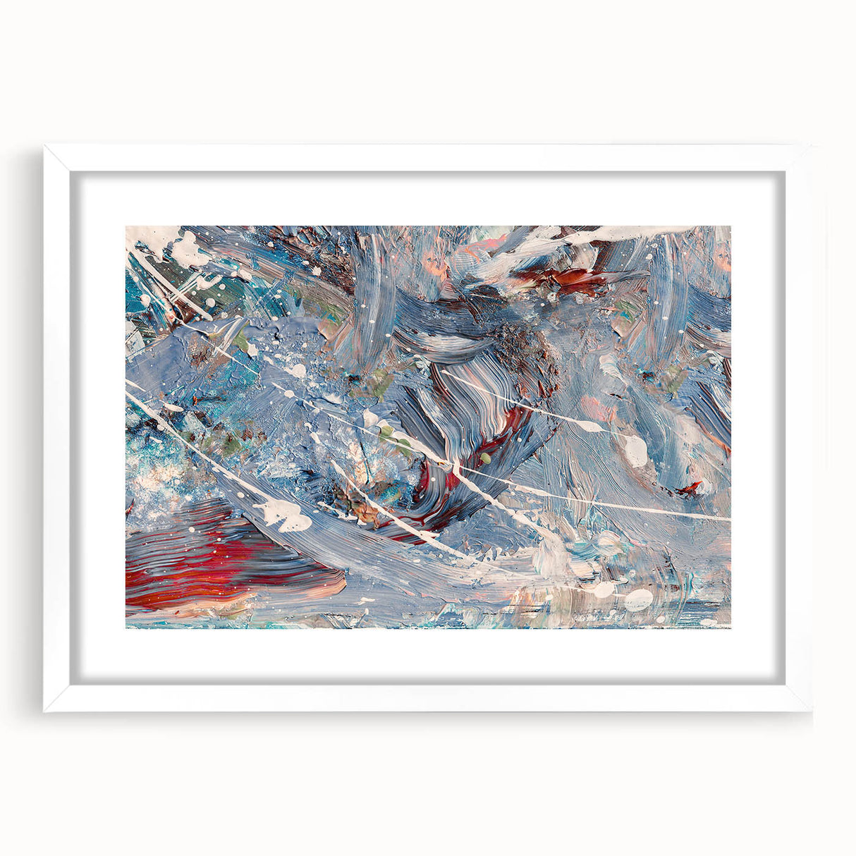 Abstract wall art print showcasing vibrant strokes and lines in a modern design, framed in white with a mat for a polished look.