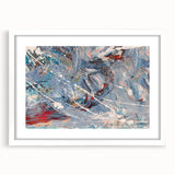 Abstract wall art print showcasing vibrant strokes and lines in a modern design, framed in white with a mat for a polished look.