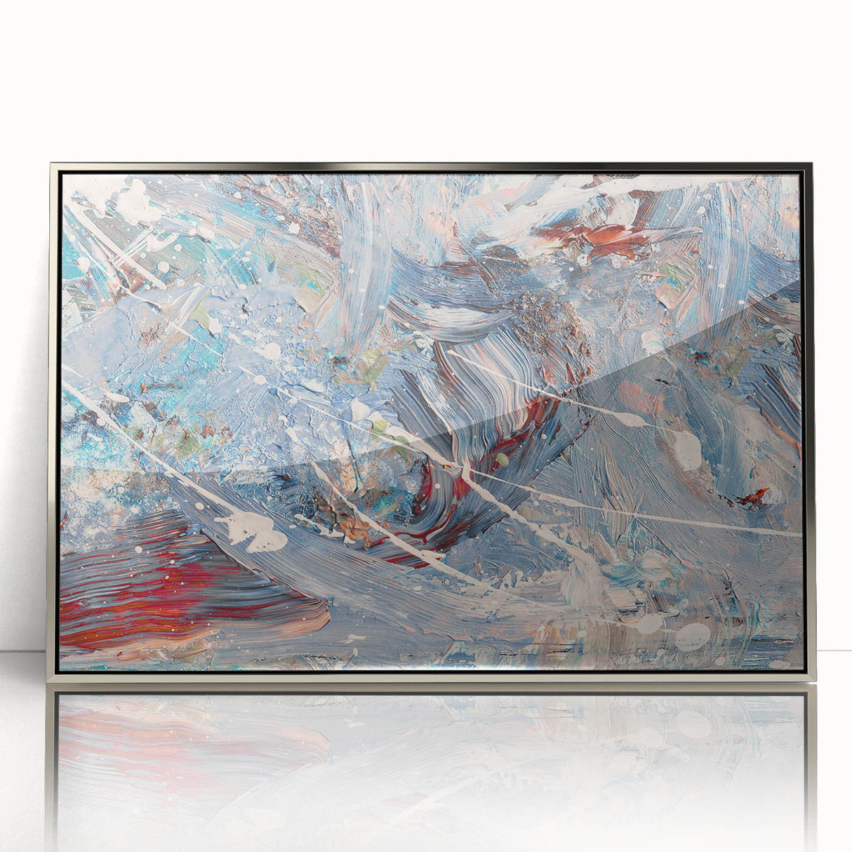 Framed wall art featuring an abstract design of colorful strokes and lines in silver and gray tones, perfect for modern decor.