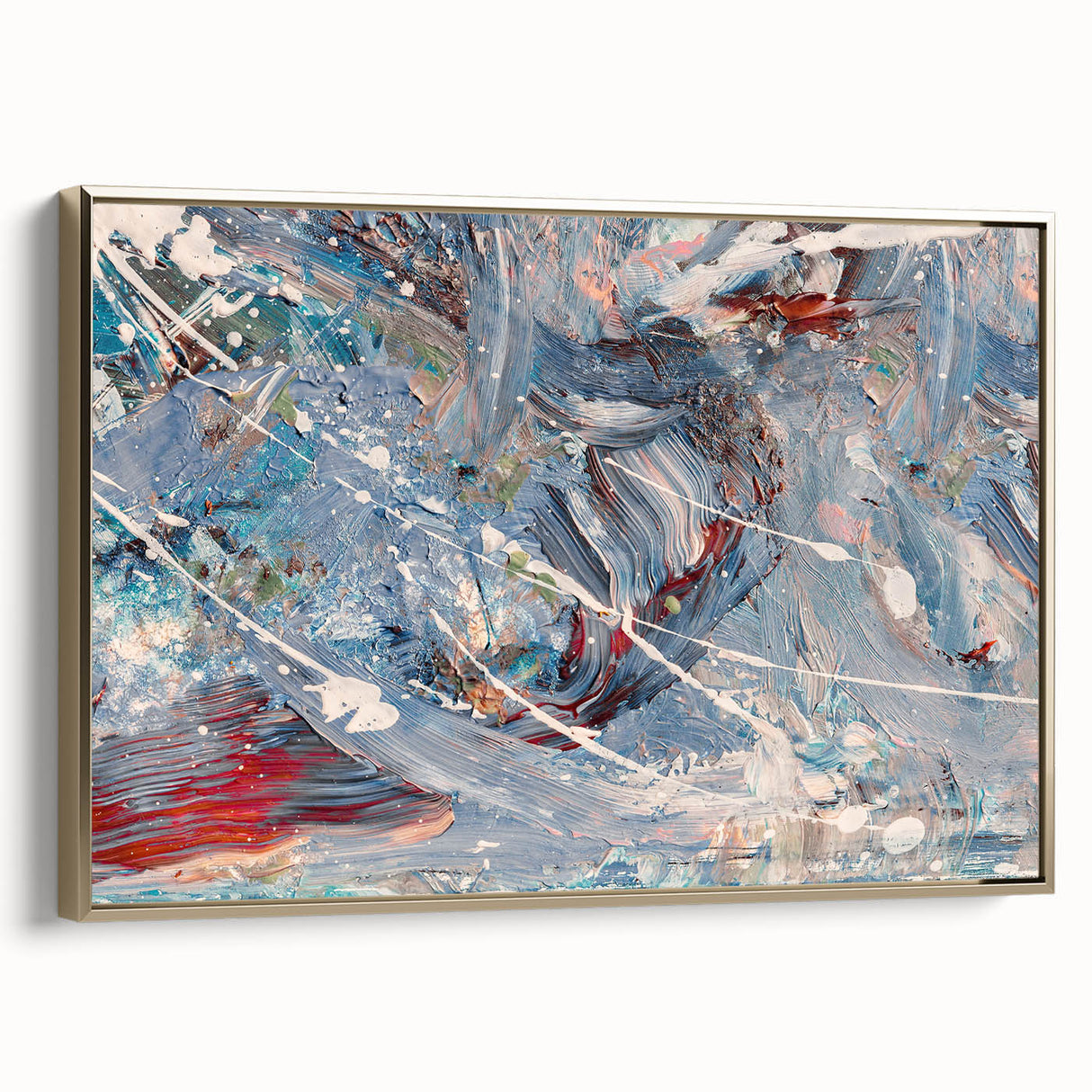 Framed wall art showcasing an abstract design with gold strokes and lines, elegantly displayed from a side view, ideal for modern decor.