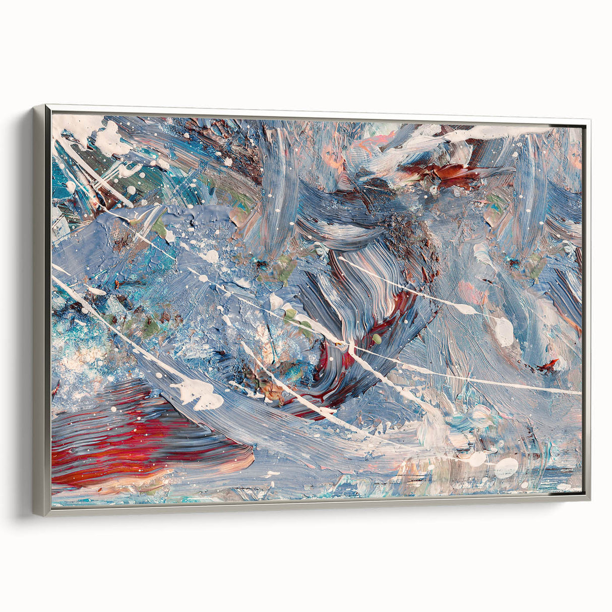 Framed wall art featuring abstract strokes and lines in silver tones, showcasing a modern design suitable for contemporary decor.