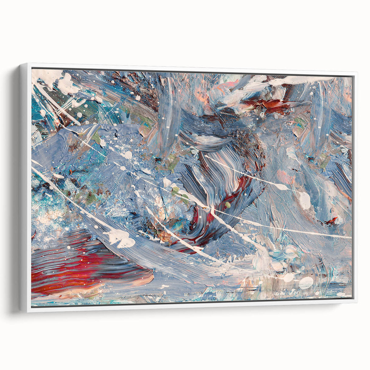 Framed abstract wall art featuring dynamic strokes and lines in shades of blue, green, and gold, set against a white backdrop, ideal for modern decor.