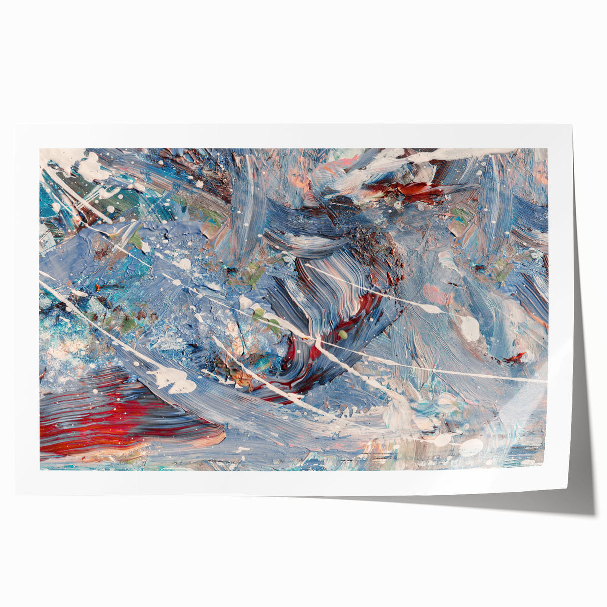 Abstract wall art print showcasing fluid strokes and lines in vibrant hues of blue, orange, and yellow, perfect for modern home decor.