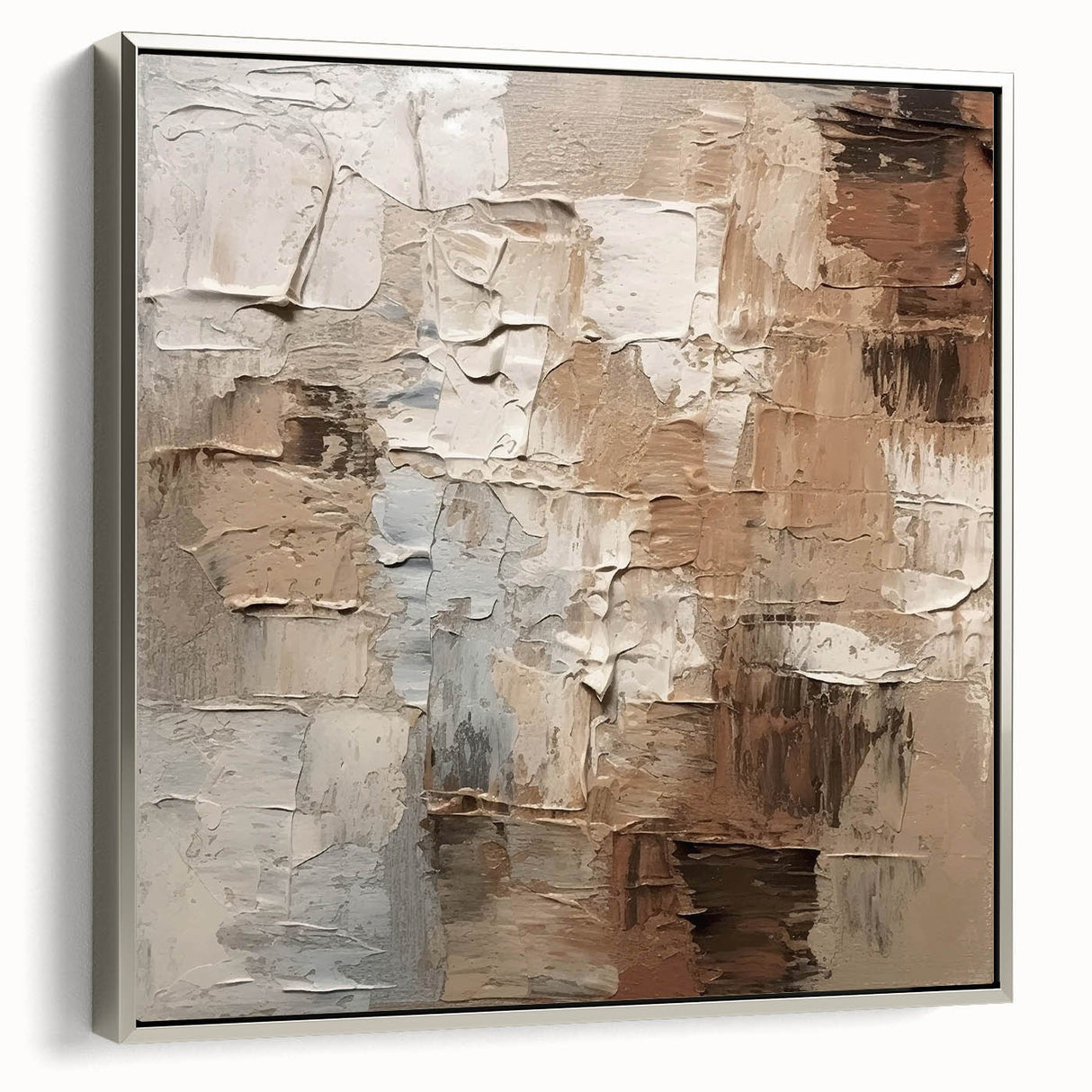 Framed abstract wall art showcasing dynamic strokes and lines in silver tones, perfect for modern decor, displayed in a stylish setting.