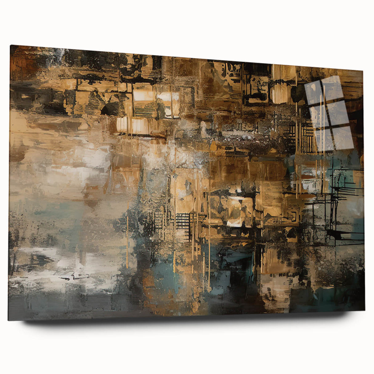 Abstract design featuring colorful strokes and lines on acrylic glass wall art, showcasing vibrant hues and modern aesthetics in a side view.
