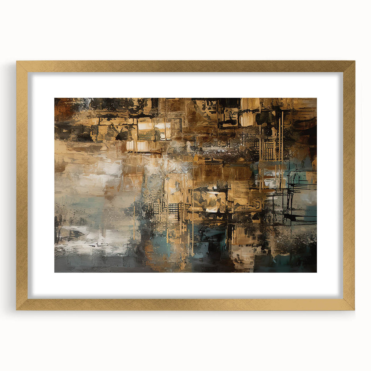 Framed wall art showcasing an abstract design with gold strokes and lines, elegantly matted, perfect for modern decor.