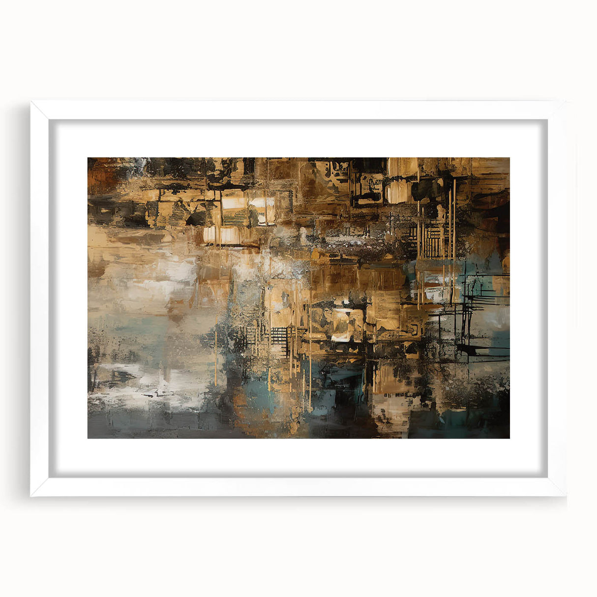 Abstract strokes and lines design wall art in a white frame with mat, showcasing modern artistic elements for contemporary decor.